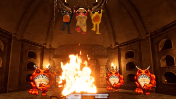 Frog friends hanging above some fire in Frog Legs