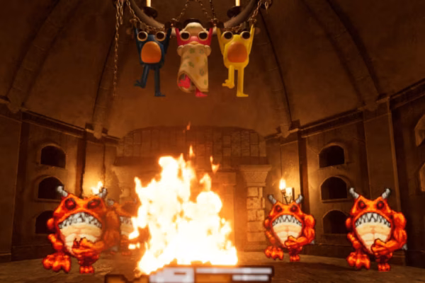 Frog friends hanging above some fire in Frog Legs
