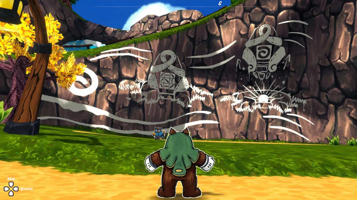 A puzzle solution hidden on a cliffside in Ruffy and the Riverside