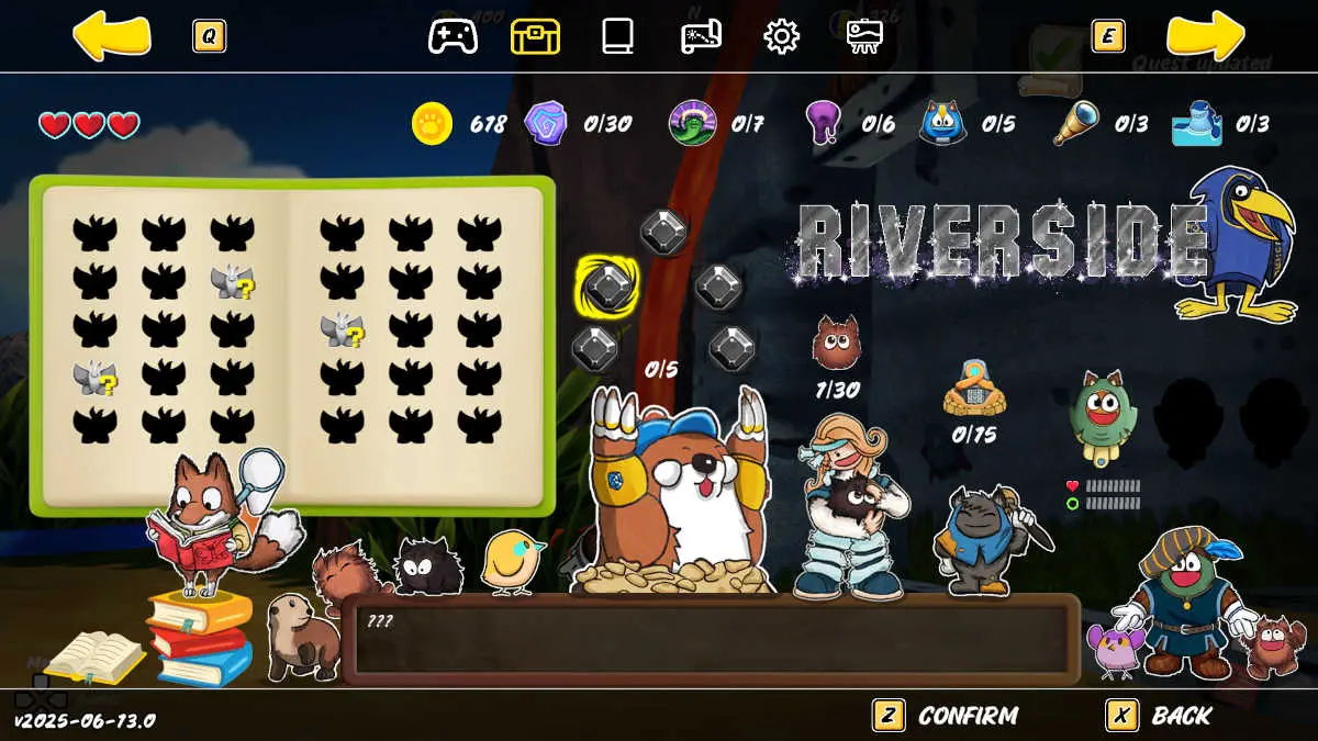 The collectables page of the menu in Ruffy and the Riverside
