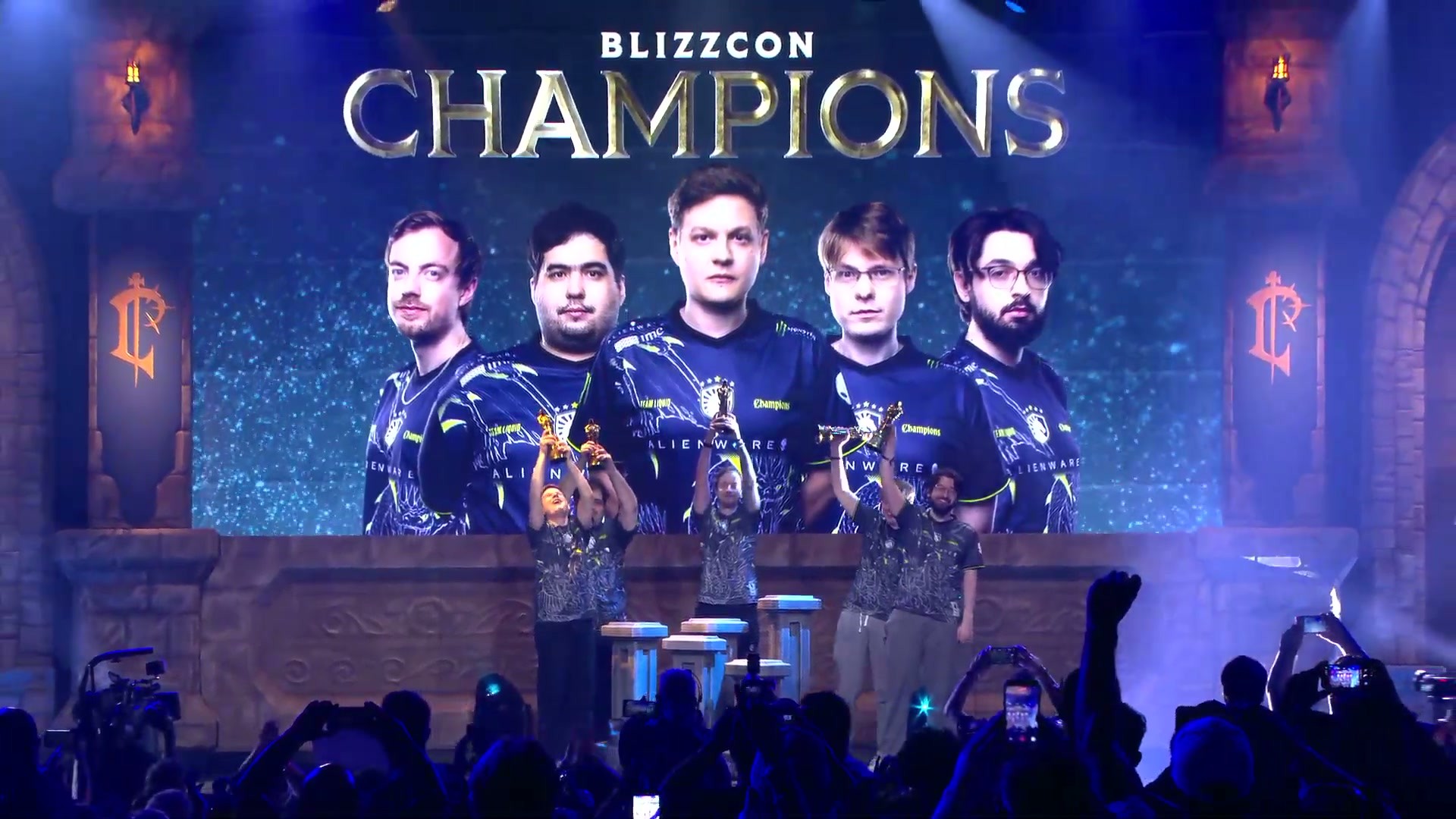 Team Liquid lift their trophies on stage after winning the MDI at BlizzCon 2026