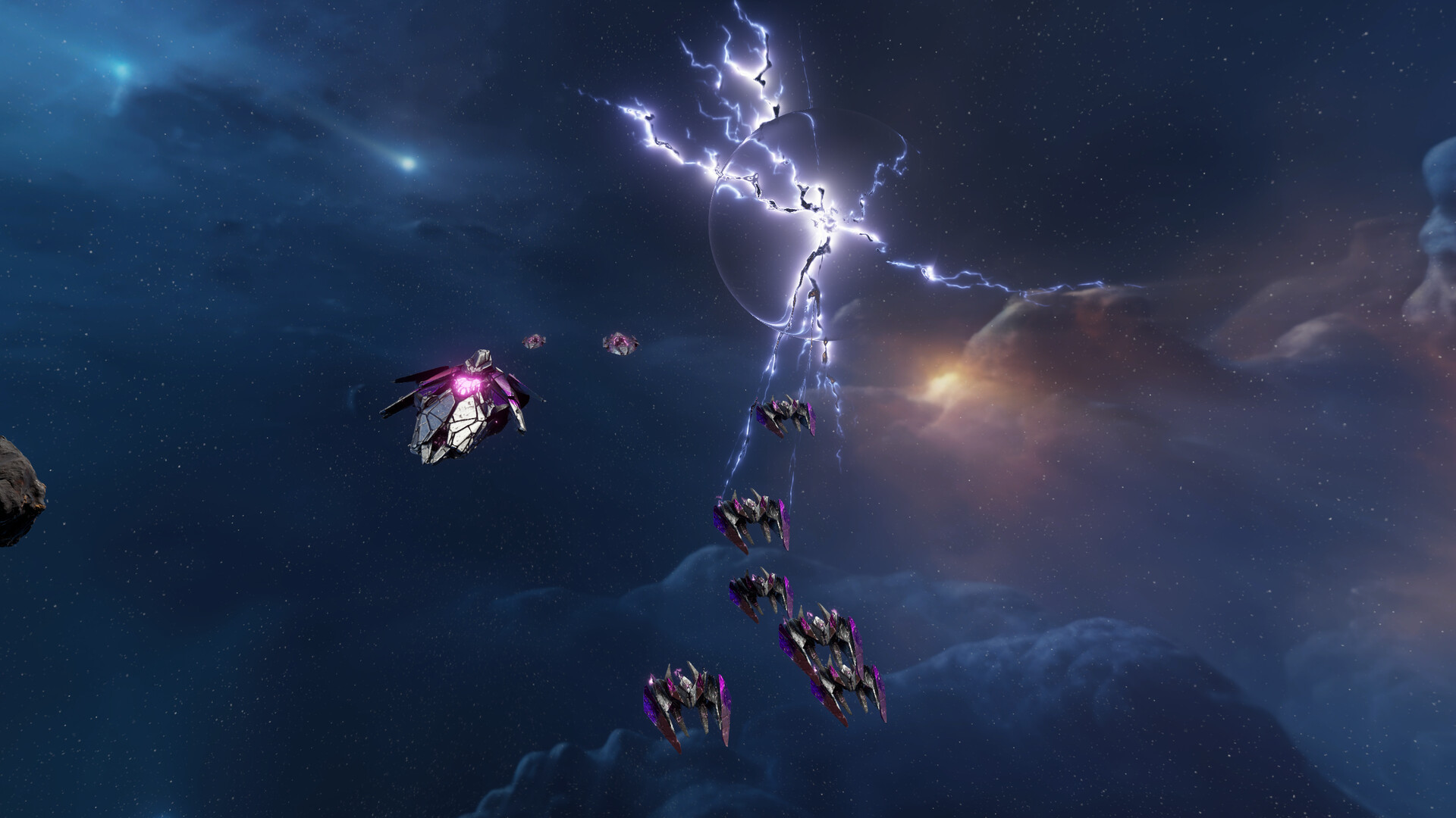 Eidolon frigates and a cruiser flying beneath planet lightning, Sins of a Solar Empire II: Harbinger