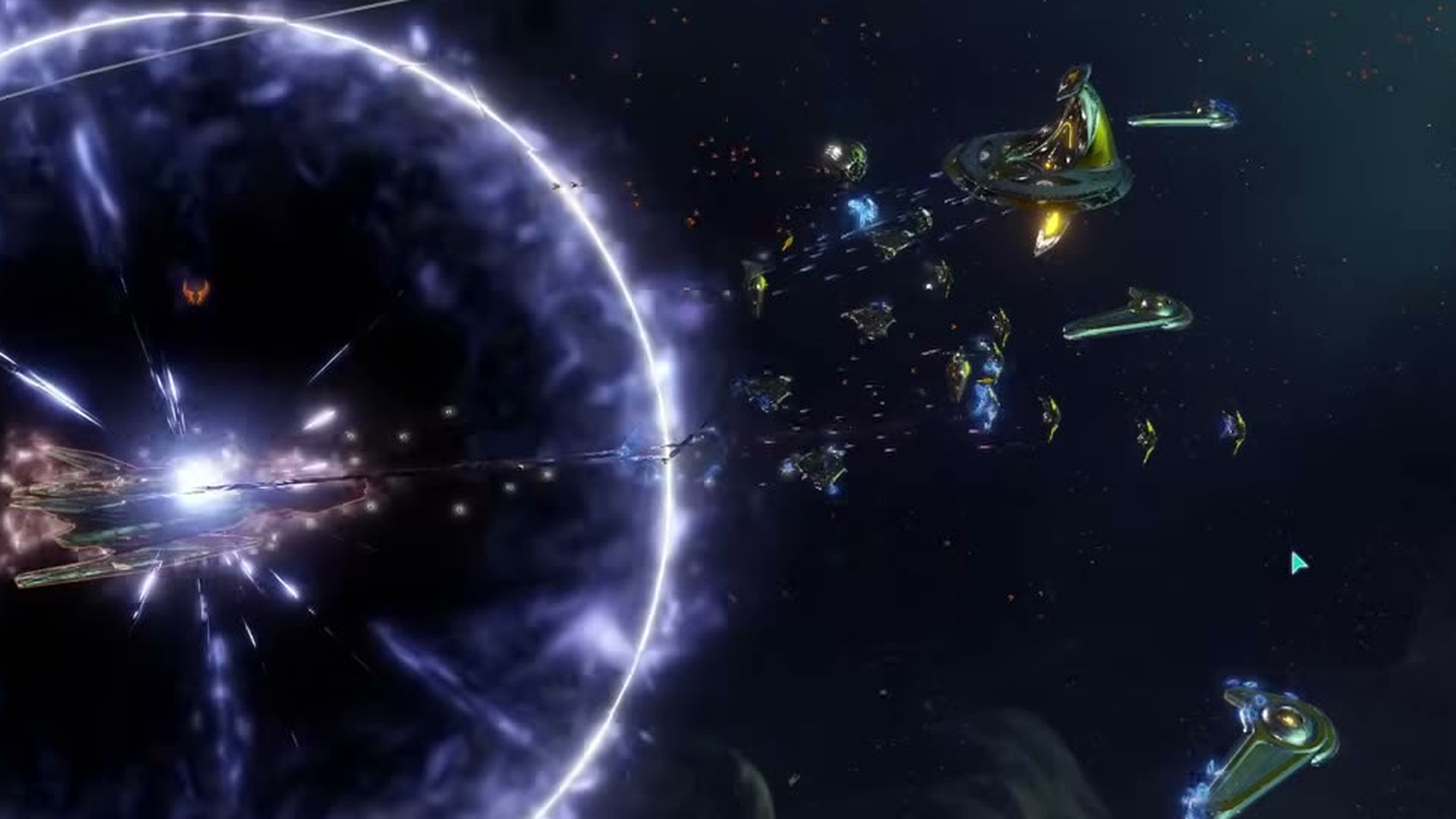 The Eidolon titan Zhaltharien Anathema firing into an Advent fleet as a shockwave ring expands