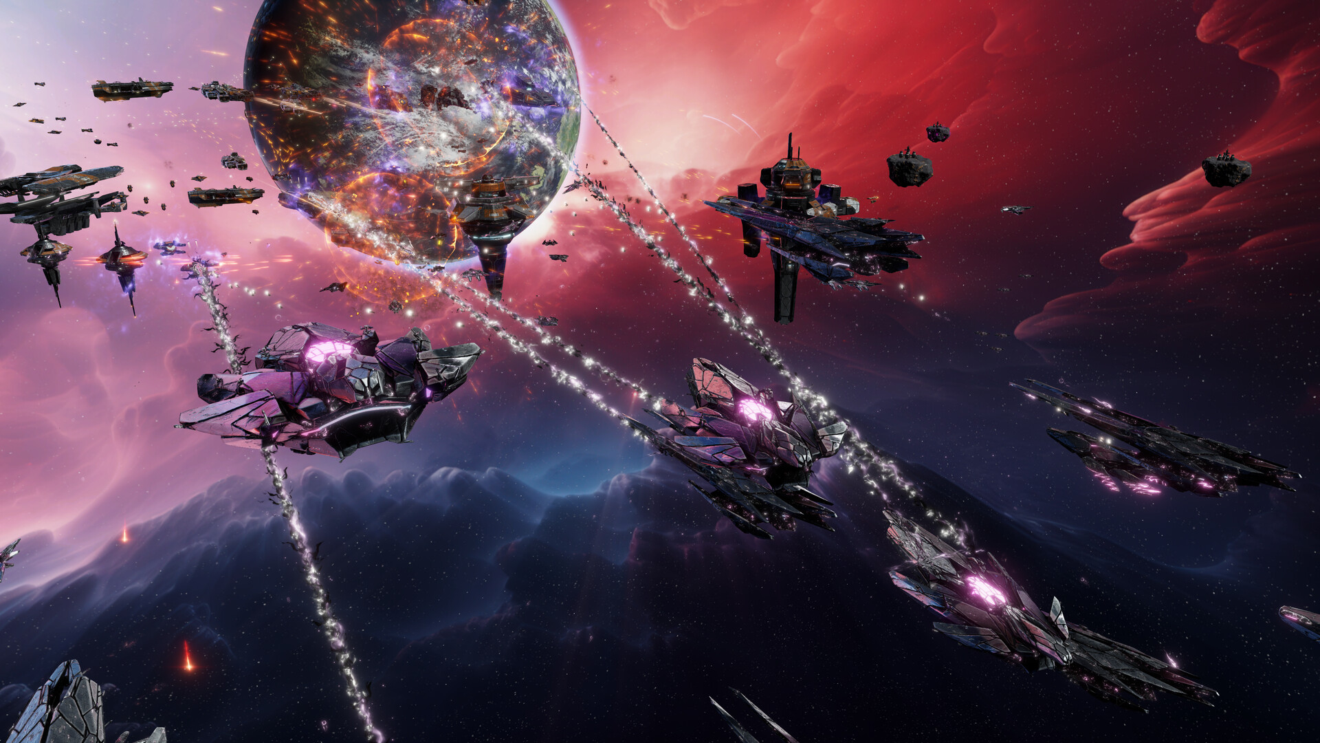 Eidolon cruisers firing corruption streams at a TEC planet under siege, Sins of a Solar Empire II: Harbinger
