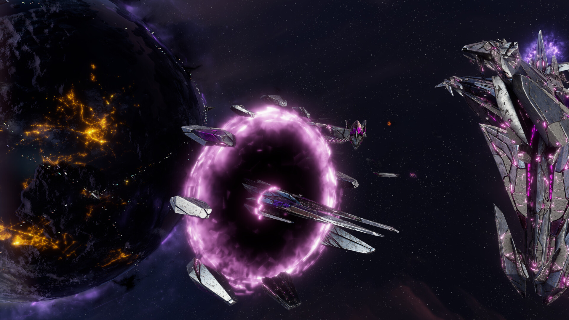 Eidolon capital ship emerging from a rift beside a corrupted planet in Sins of a Solar Empire II: Harbinger