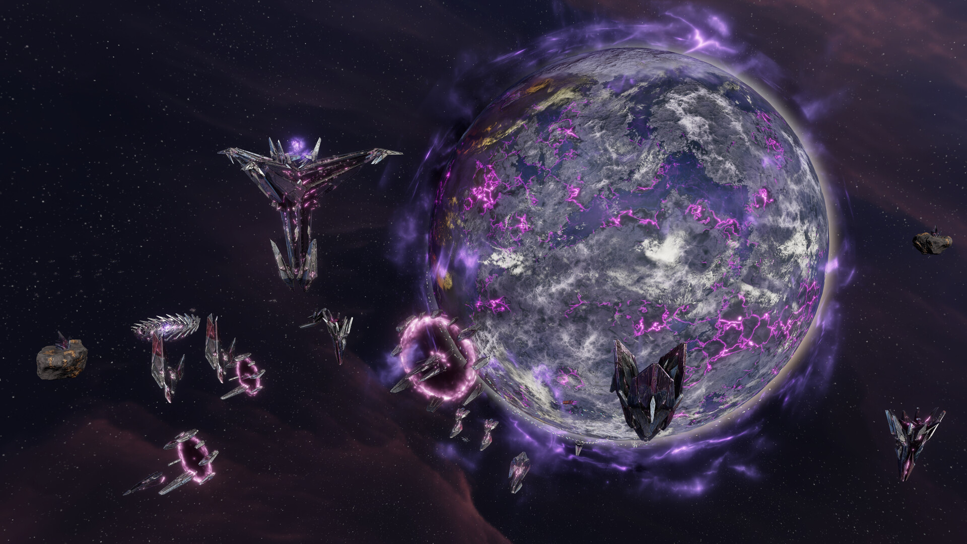 A shrouded planet threaded with purple corruption, with Eidolon ships and a portal in orbit, Sins of a Solar Empire II: Harbinger
