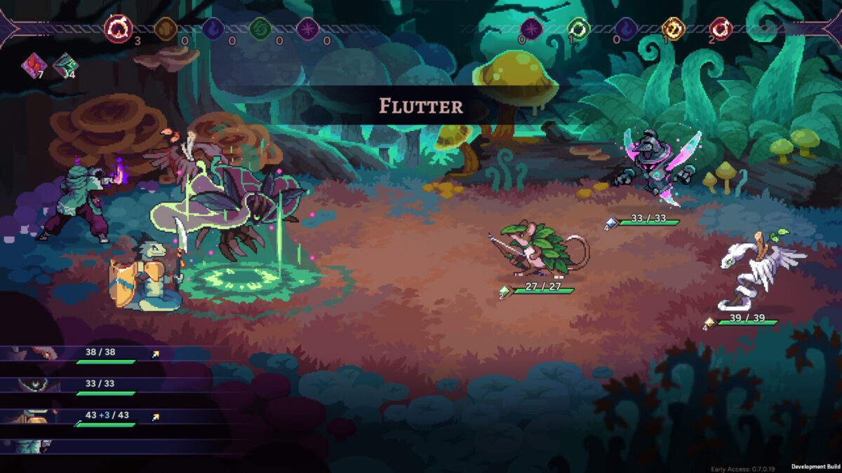 A turn-based Aethermancer battle in the mushroom-filled Alchemical Woods with a monster using the Flutter skill