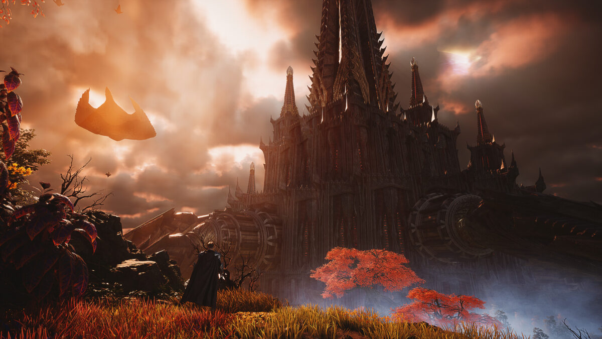 A caped Aion 2 character standing in orange grass below a towering spired fortress under a stormy sky