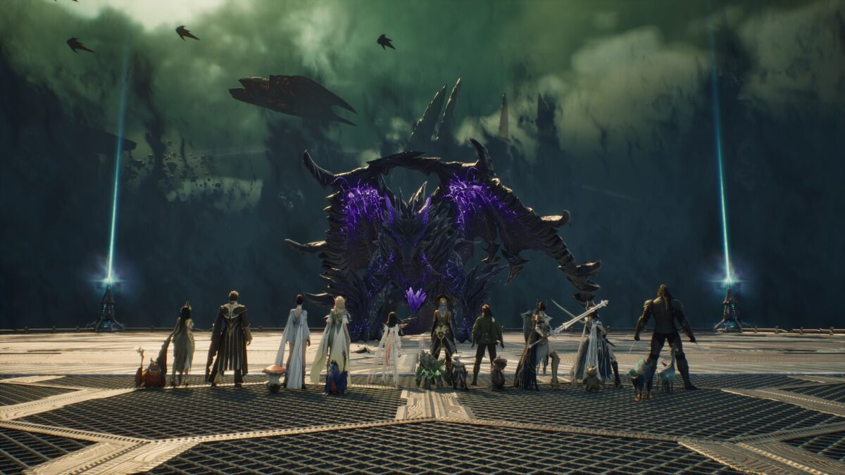 A party of Daevas facing a giant purple dragon in AION 2