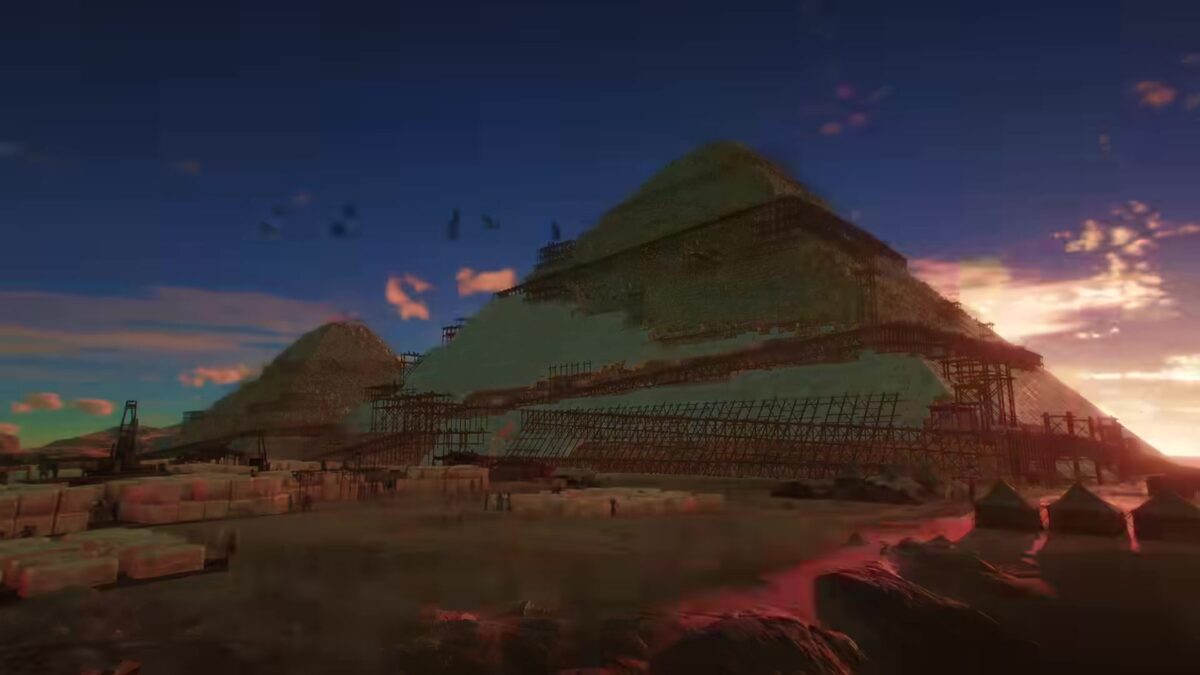 Anno 117: Pax Romana Dawn of the Delta trailer frame of a pyramid covered in wooden scaffolding at sunset