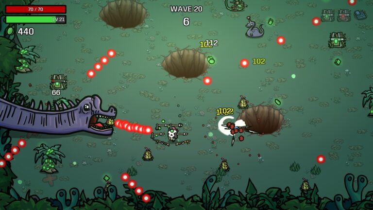 A potato fights dinosaurs in the jungle map of Brotato: Primal Dread, with a giant purple dinosaur head lunging in from the left