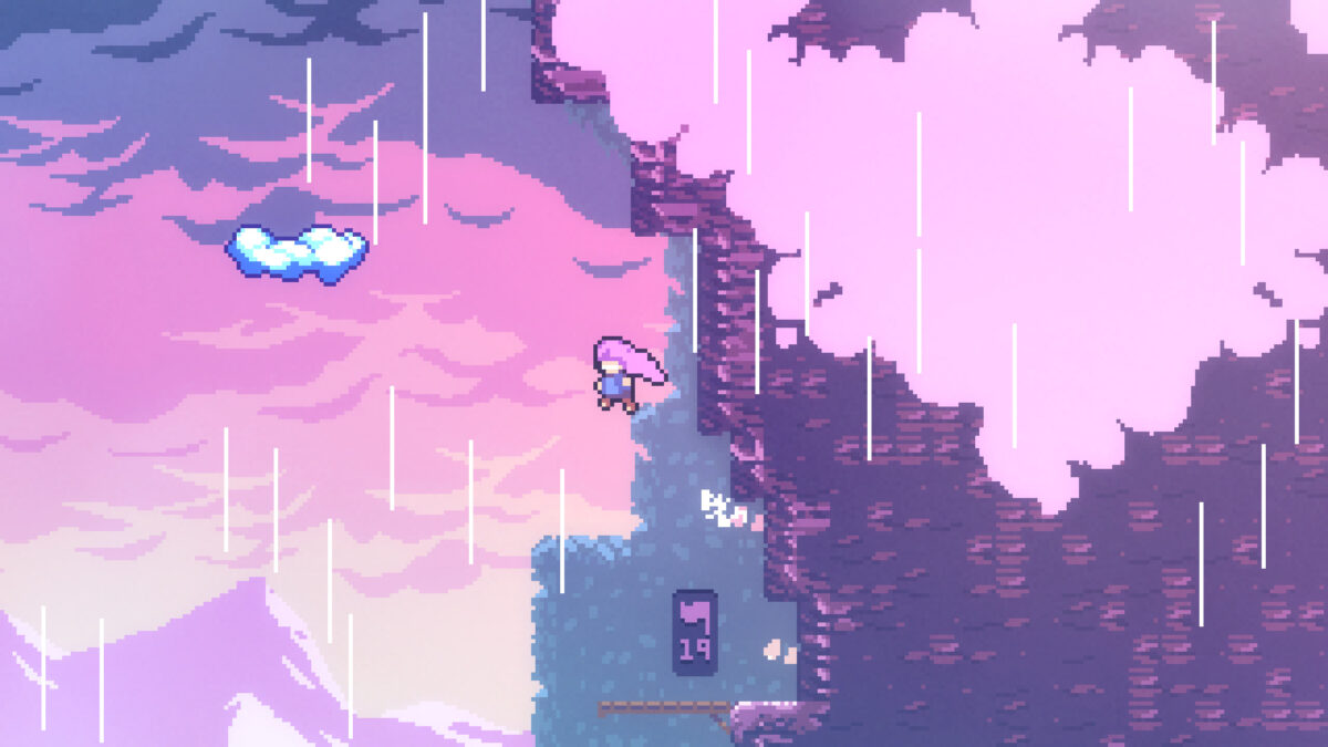 Celeste screenshot of Madeline climbing among pink clouds in the Golden Ridge chapter