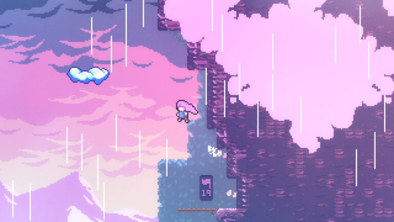 Celeste screenshot of Madeline climbing among pink clouds in the Golden Ridge chapter