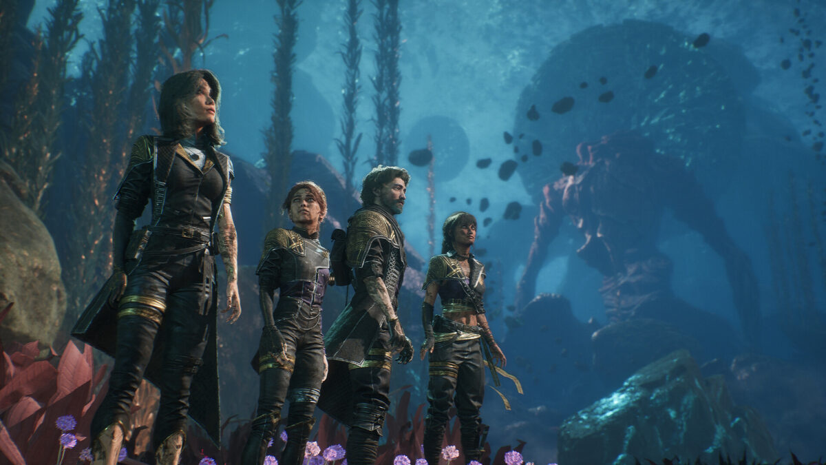 The Clair Obscur: Expedition 33 party standing together in a glowing blue forest