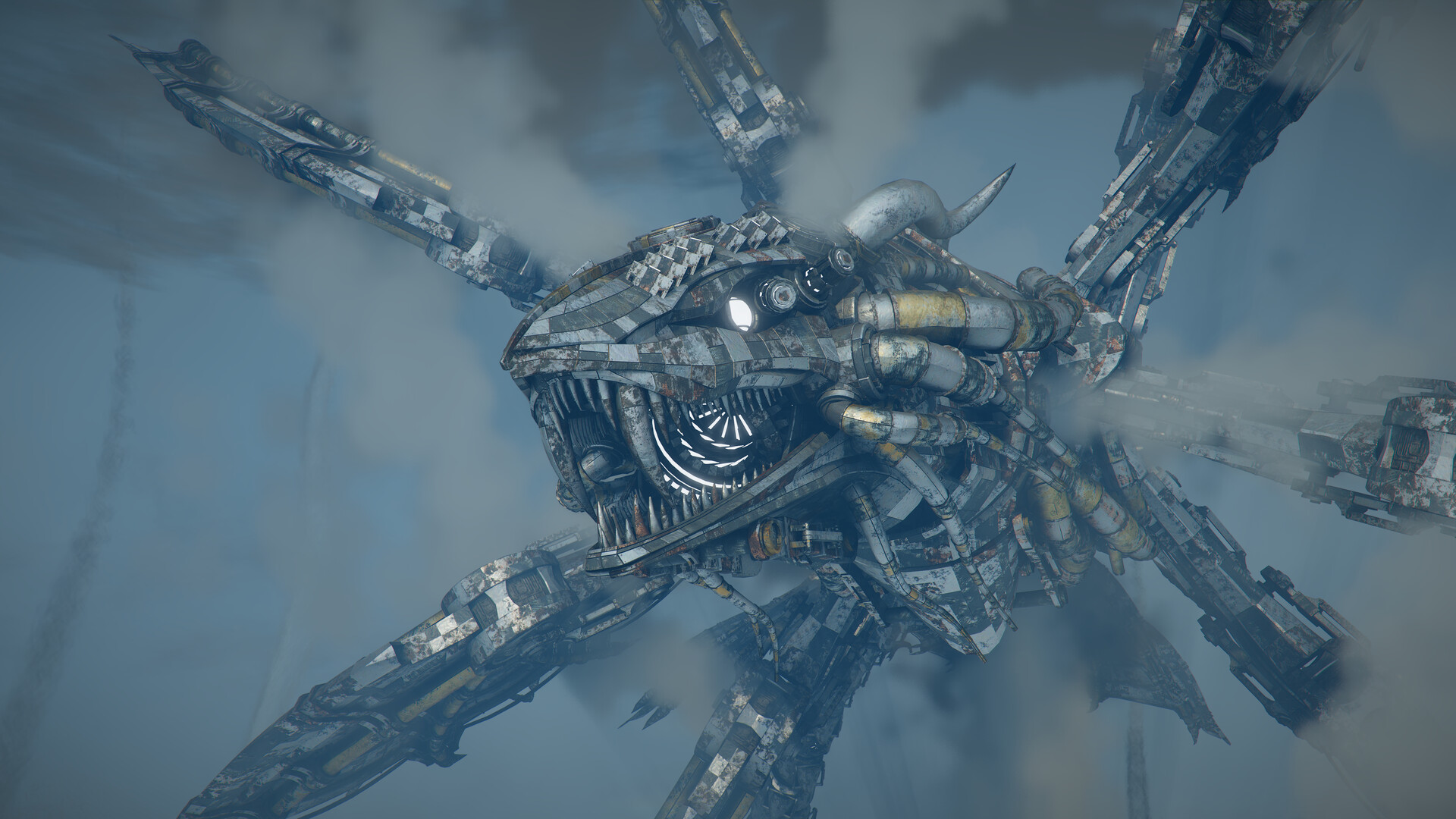A giant mechanical Abyss creature with a glowing eye looming through mist in Crimson Desert: Charting the Unknown