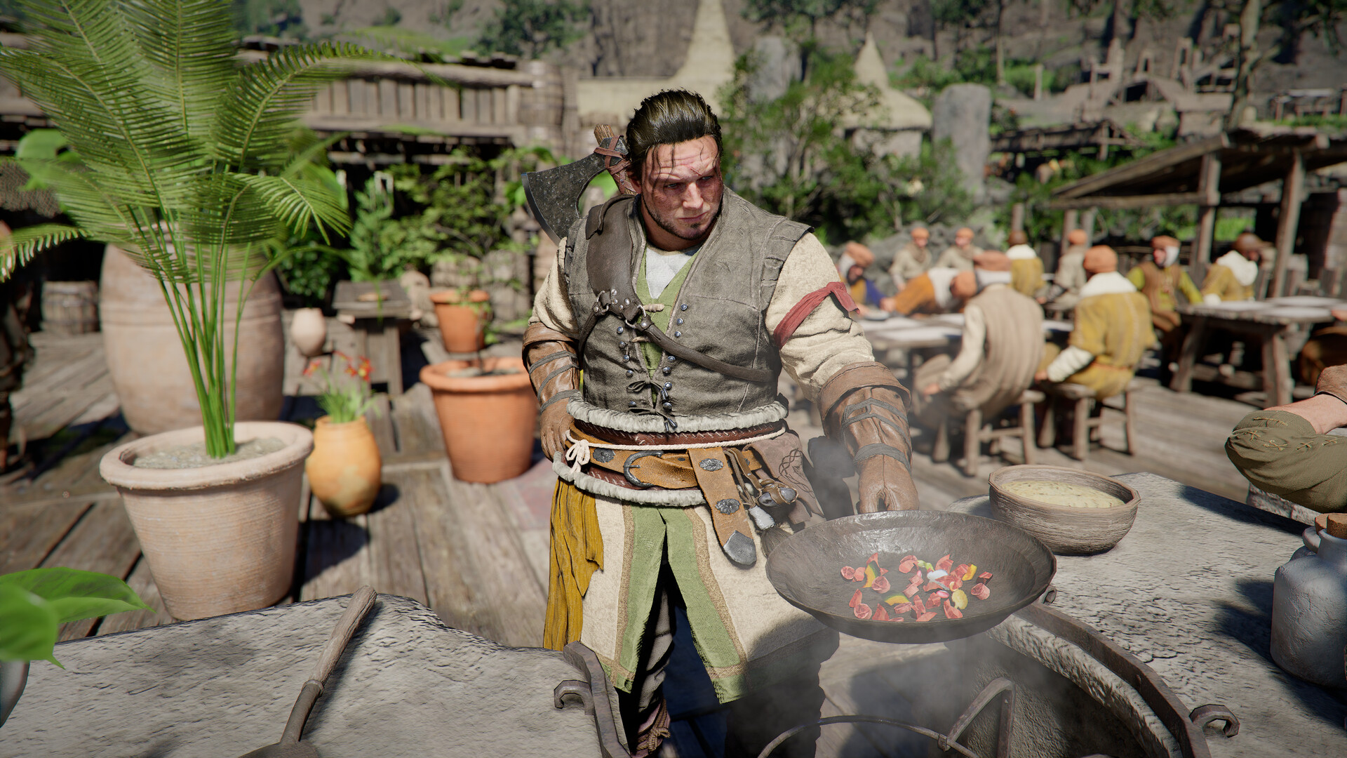 A Greymane cook stirring a pan at a busy camp restaurant table in Crimson Desert: Charting the Unknown