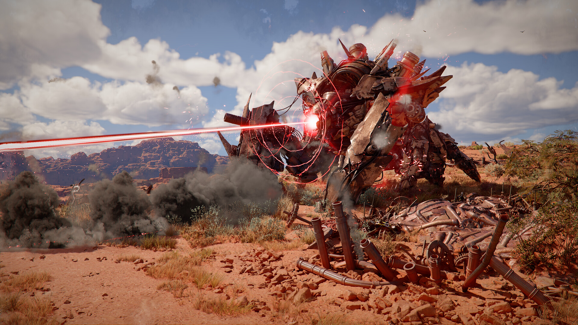 A horned desert beast firing a red beam across the sand in Crimson Desert: Charting the Unknown