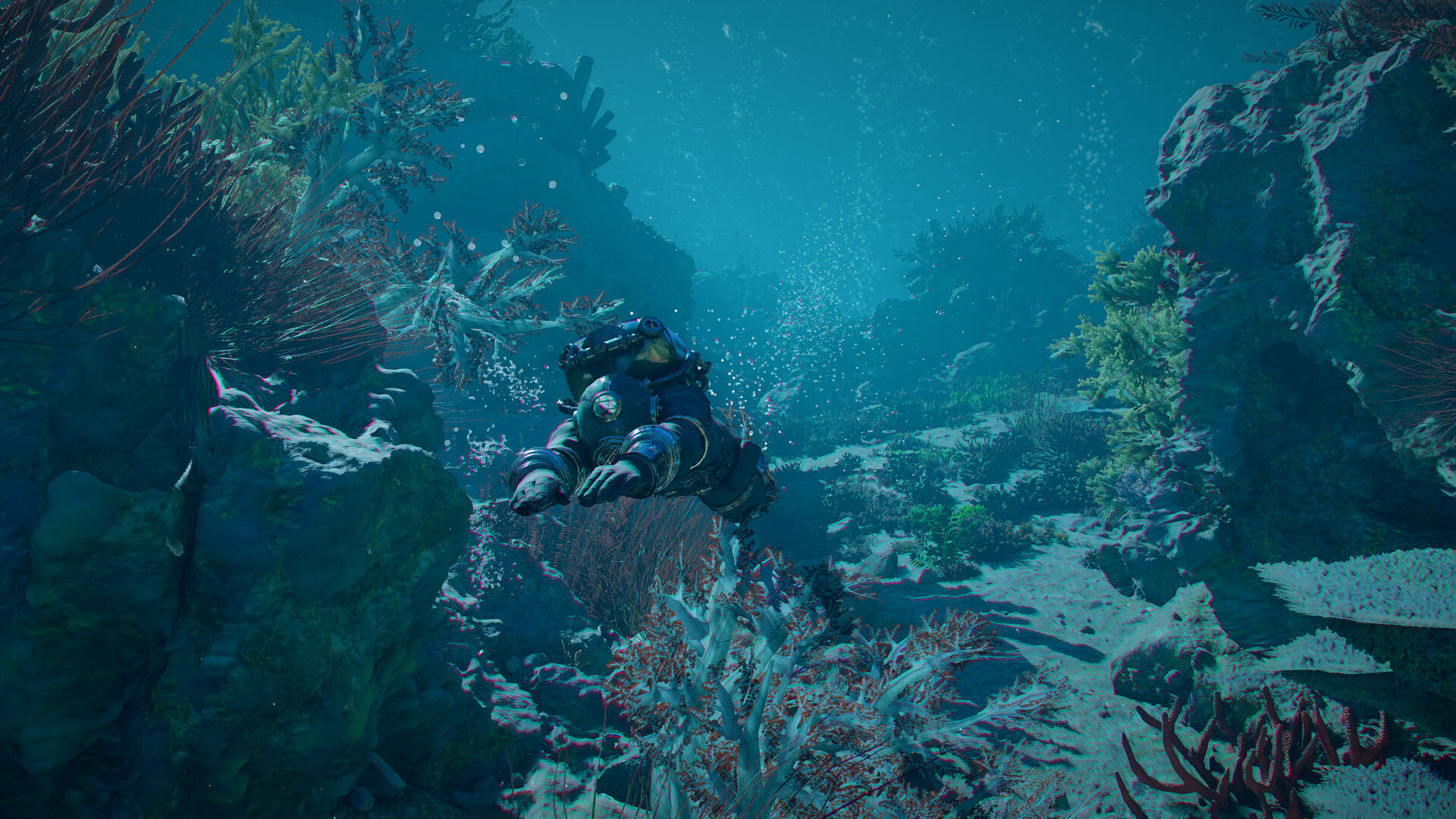A diver in a diving suit swimming through coral and seaweed in Crimson Desert: Charting the Unknown