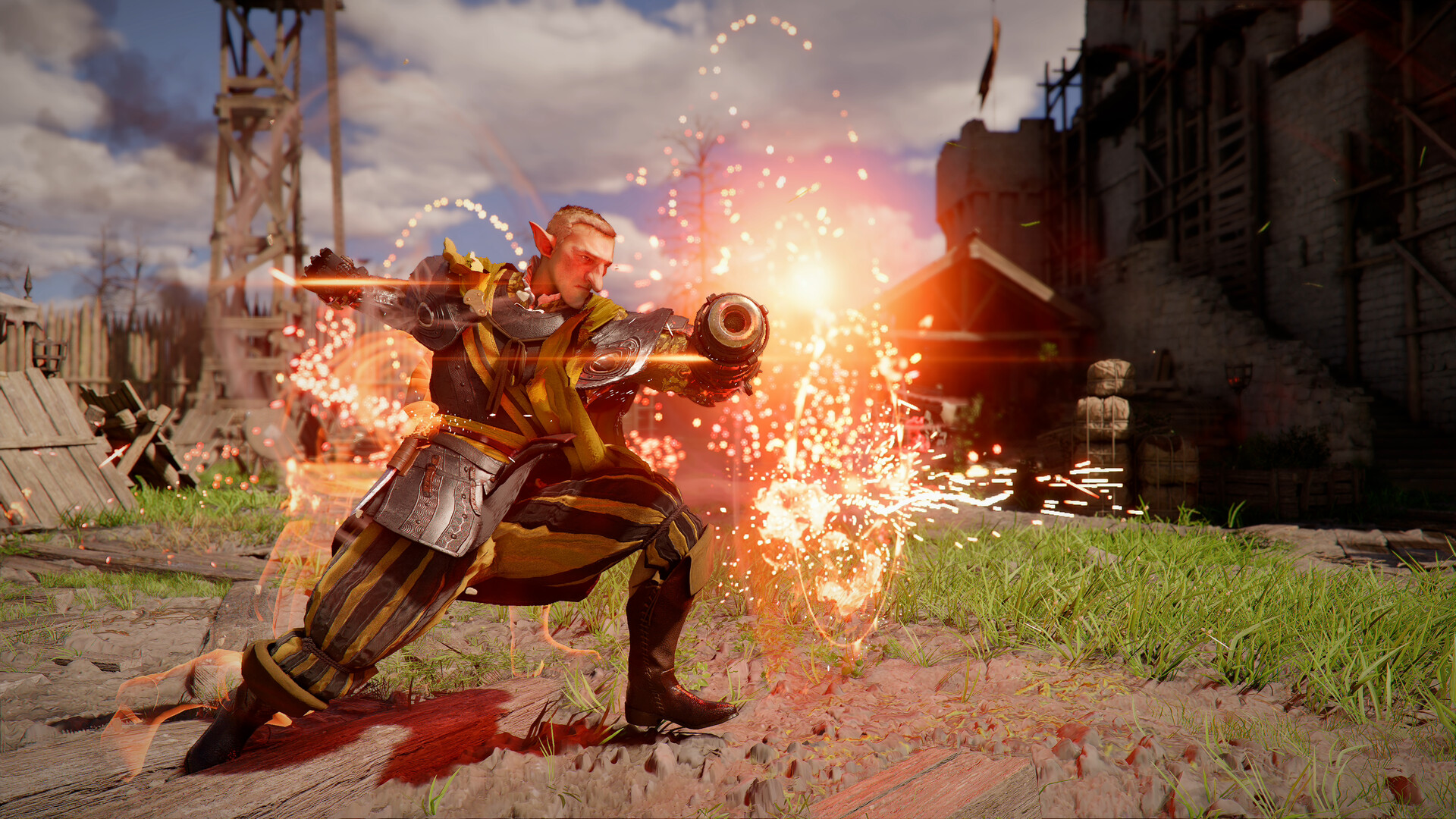 Oongka firing a hand cannon in a shower of sparks outside a fortress wall in Crimson Desert: Charting the Unknown