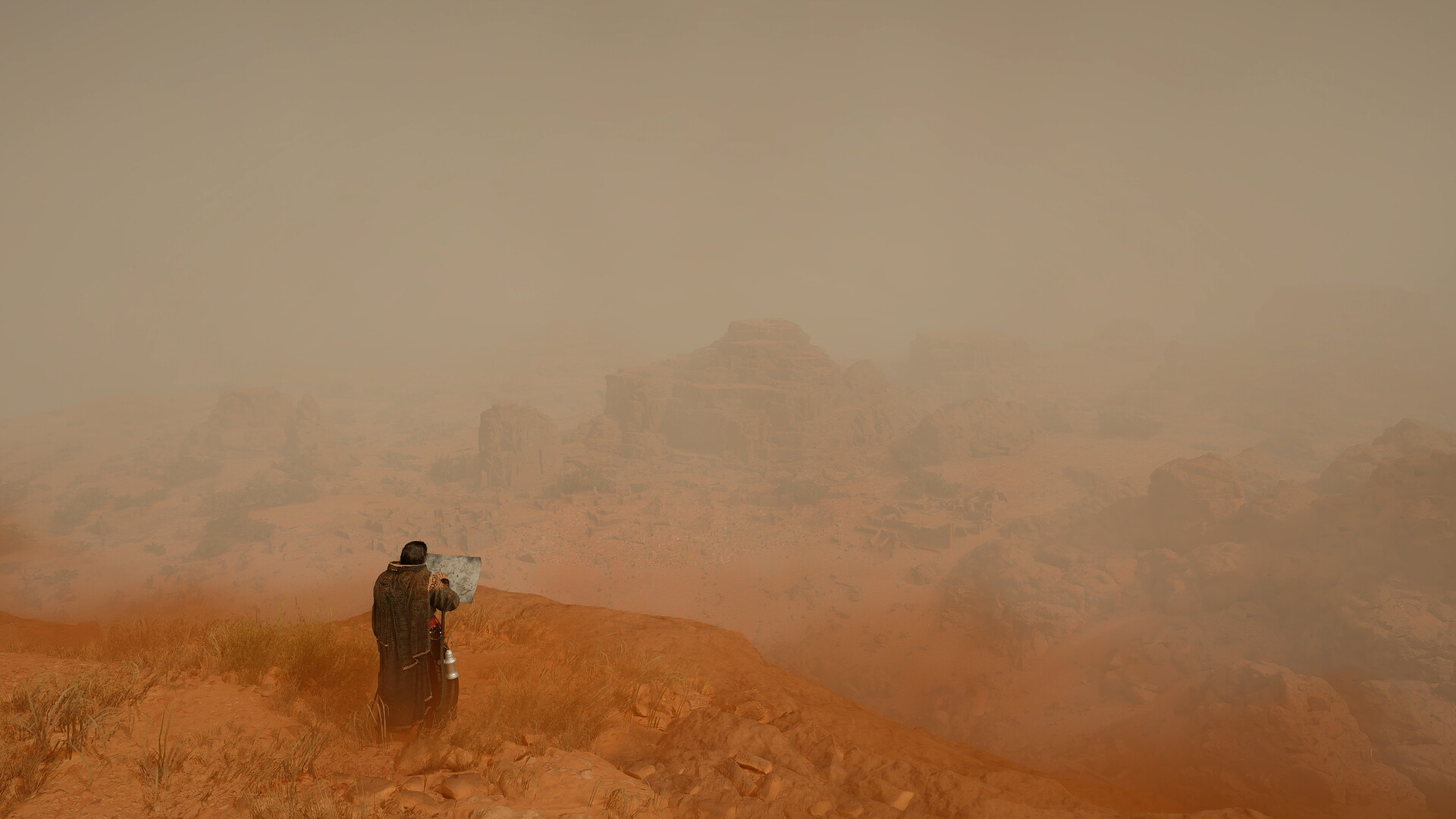 A lone traveller reading a map in an orange sandstorm in Crimson Desert: Charting the Unknown