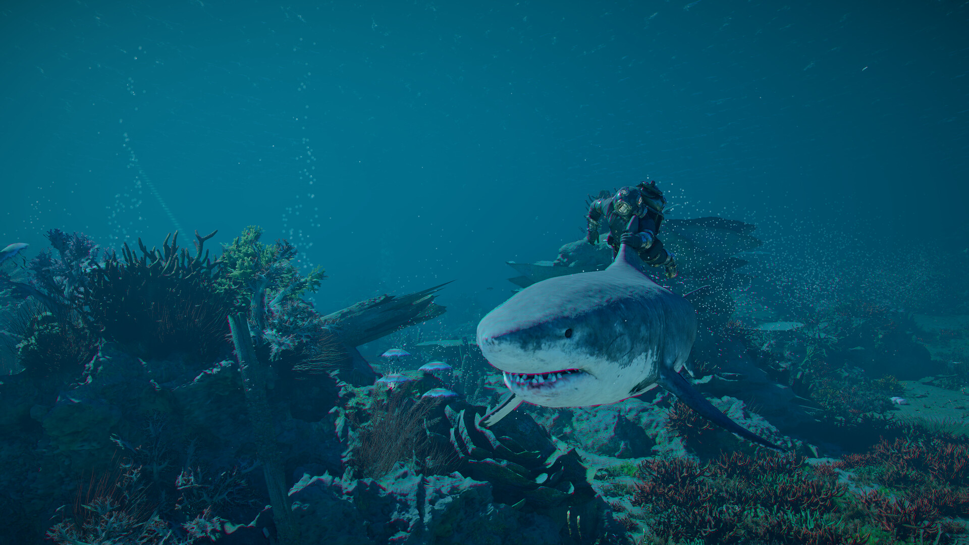 A great white shark swimming over a reef in the Great Ocean in Crimson Desert: Charting the Unknown