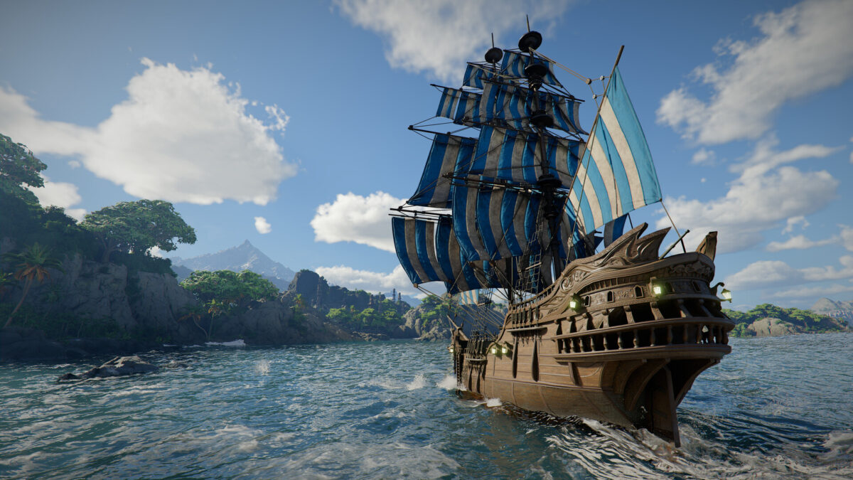 A sailing ship with blue and white striped sails on open water in Crimson Desert: Charting the Unknown