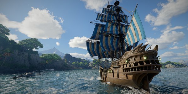 A wooden sailing ship with blue and white striped sails leaving a rocky coast in Crimson Desert: Charting the Unknown