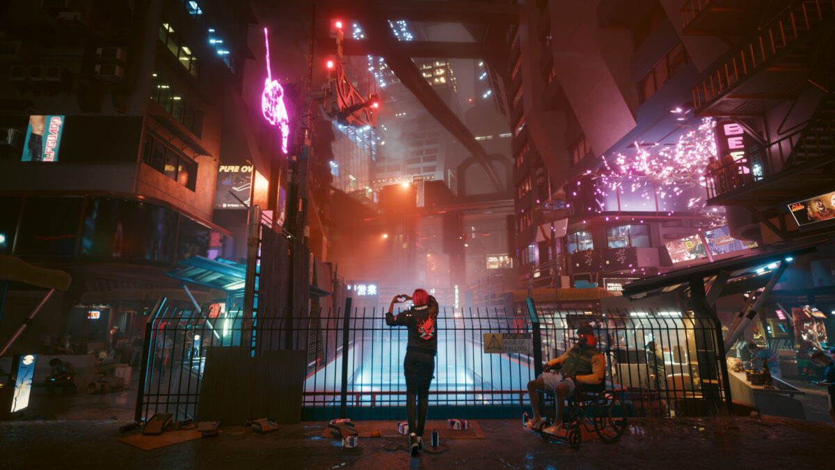 V stands on a neon-lit Night City street at night in Cyberpunk 2077