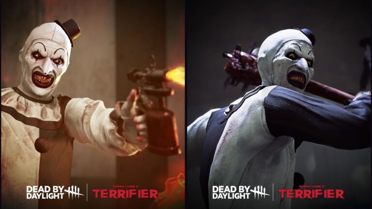 Art the Clown in Dead by Daylight, side by side: aiming a lit blowtorch in the October 22 teaser and swinging a blood-soaked nail-studded club in the October 25 teaser