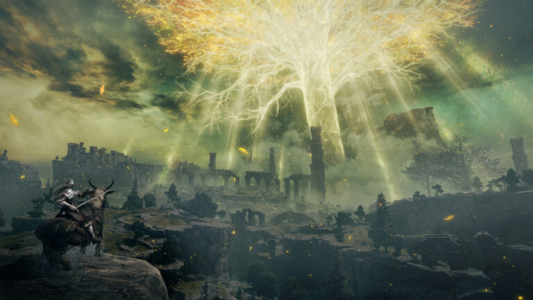 A rider on horseback looks out at the golden Erdtree over the ruins of the Lands Between in Elden Ring