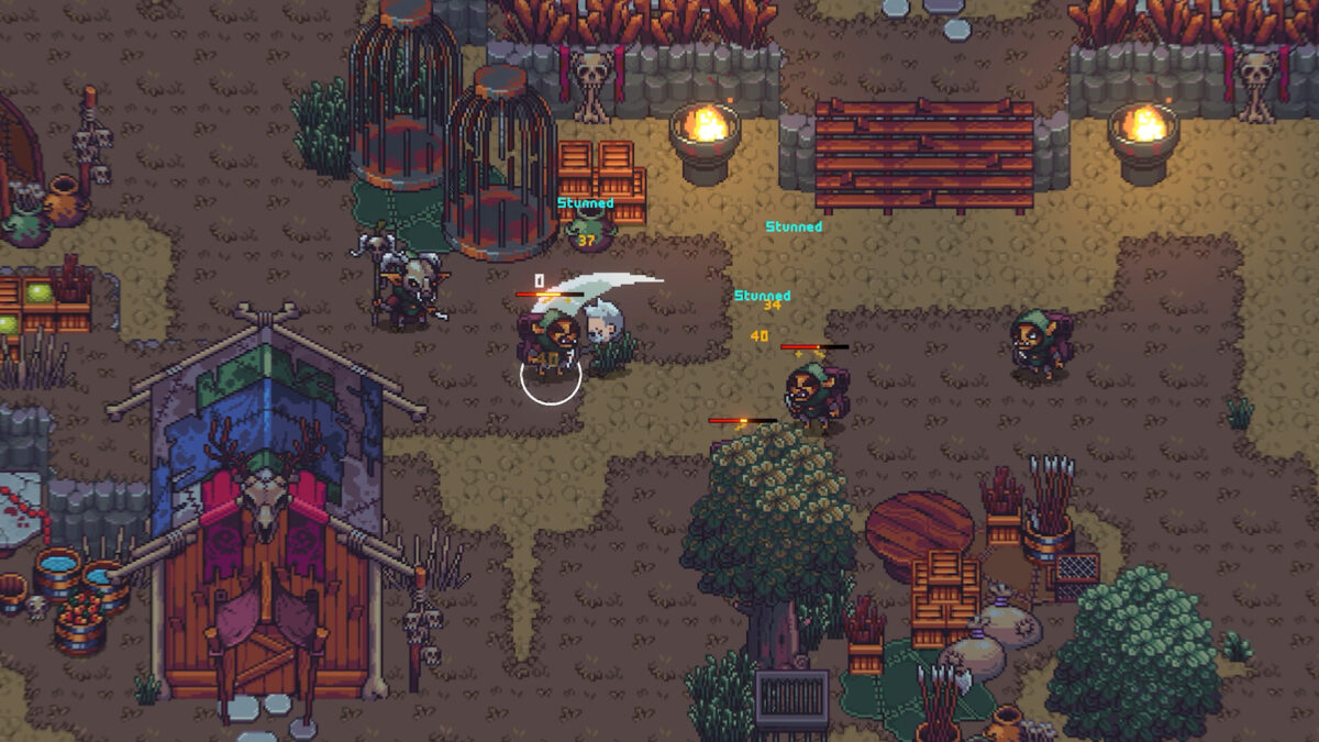 A player fights enemies outside a wooden house in the pixel-art action RPG Emberville