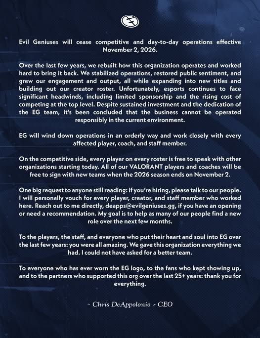 Evil Geniuses closure statement signed by CEO Chris DeAppolonio