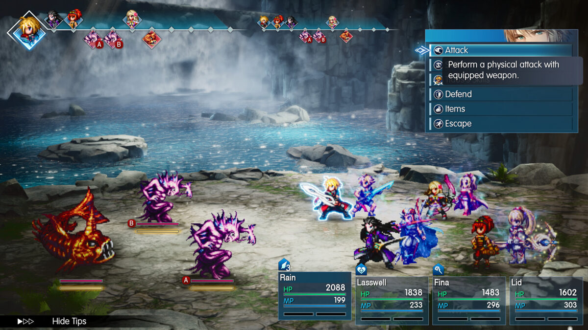 A Final Fantasy Resonance turn-based battle with Rain, Lasswell, Fina and Lid facing monsters, the Attack command menu open