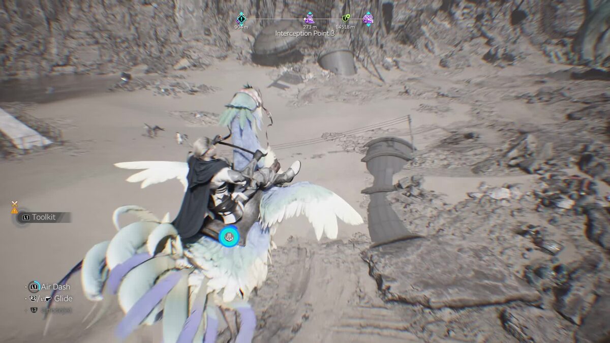 Cloud glides over a desert canyon on a winged chocobo in Final Fantasy VII Revelation