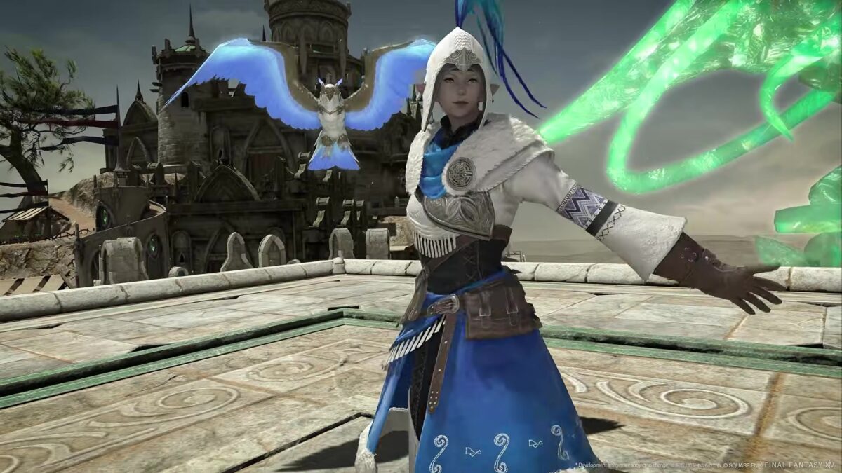 Final Fantasy XIV: Evercold Zephyr job in blue and white robes holding a crossbow with its bird familiar spreading its wings