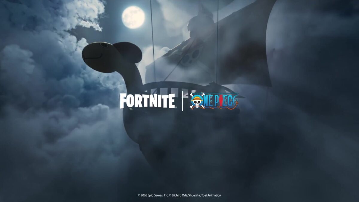 The Going Merry sailing through moonlit clouds under the Fortnite and One Piece logos in the official teaser