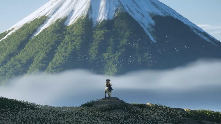 Atsu on horseback on a grassy ridge beneath Mount Yotei in Ghost of Yotei, from Sucker Punch Productions