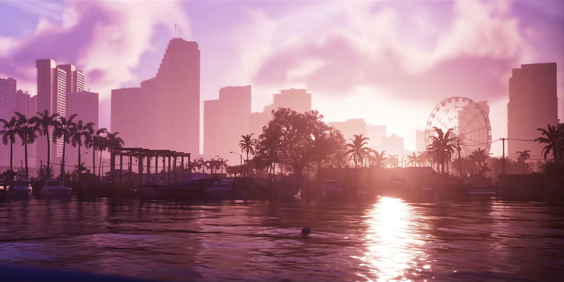 The Vice City skyline at sunset in the Grand Theft Auto VI Launch Trailer