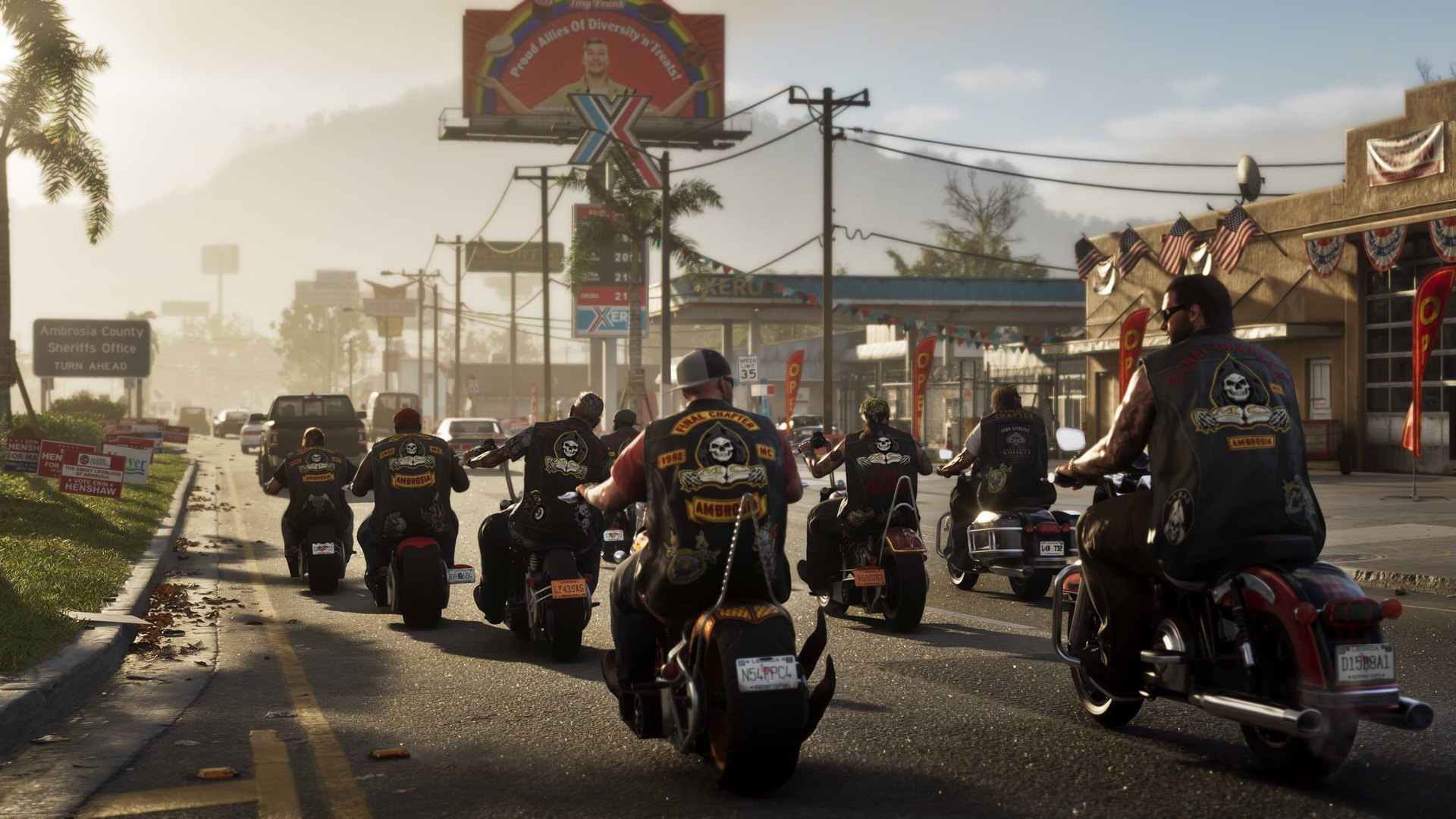 A biker gang rides down a road in Ambrosia, GTA 6