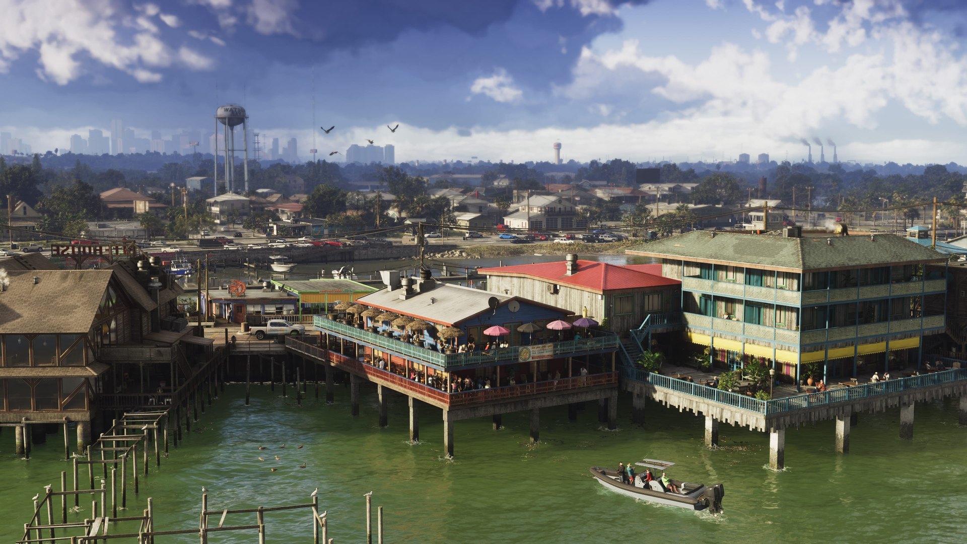 Buildings on piers in the Grassrivers with the Vice City skyline in the distance, GTA 6