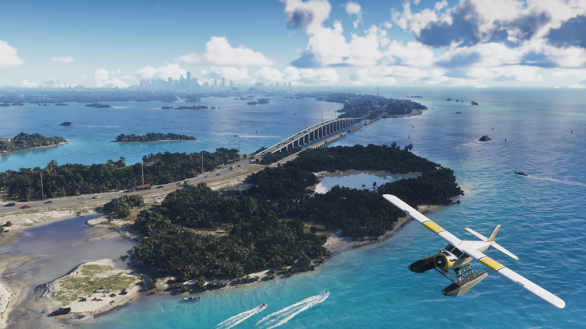 A seaplane flies over the Leonida Keys islands and bridge in GTA 6