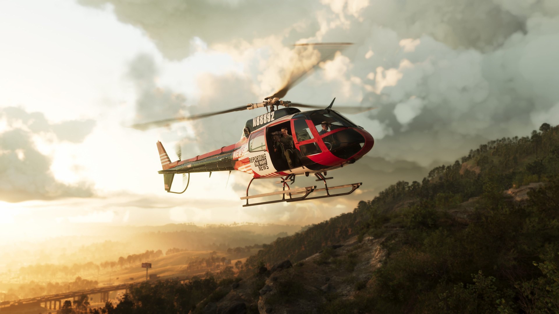 A news helicopter flies over a ridge in Mount Kalaga National Park, GTA 6