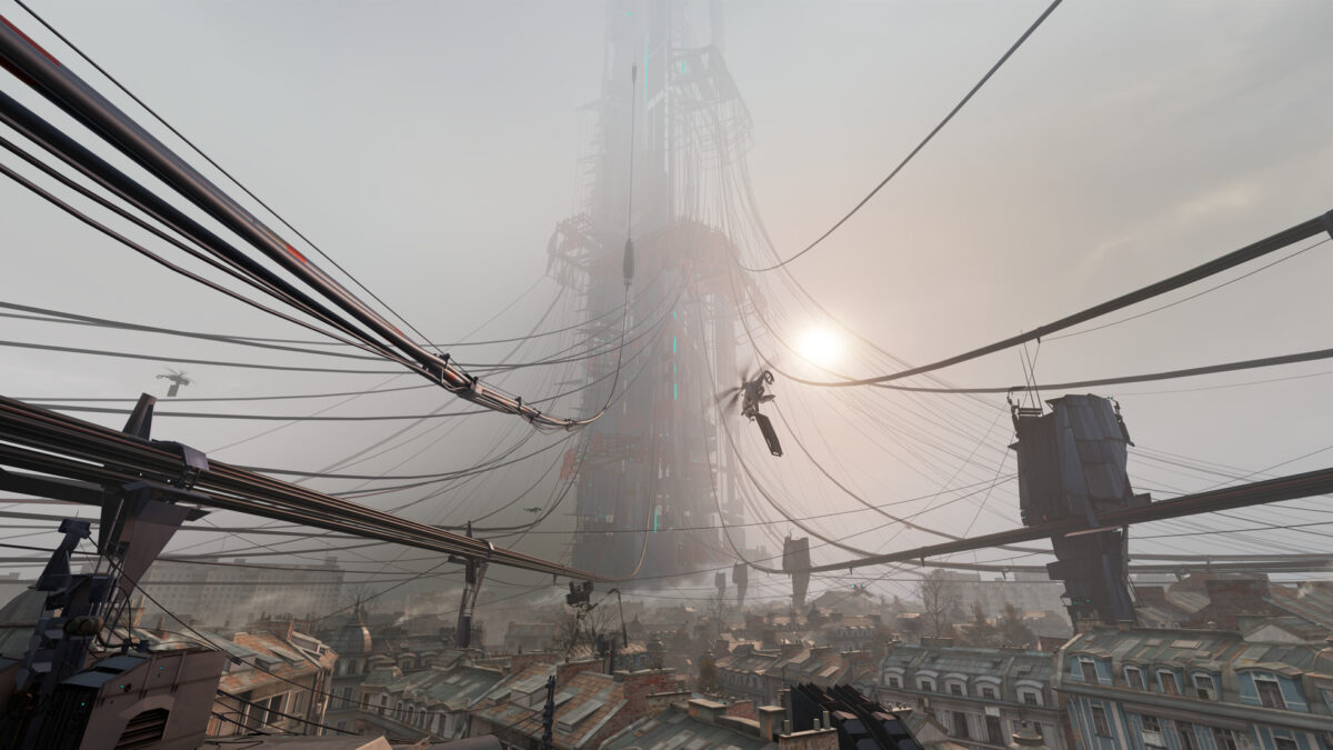 The Combine Citadel looms over the rooftops of City 17 in Half-Life: Alyx