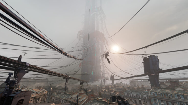 The Combine Citadel looms over the rooftops of City 17 in Half-Life: Alyx