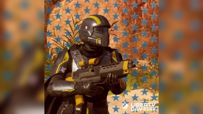 A Helldiver in black and yellow armor holds the AR-23L Liberator in front of a star-patterned wall, with the Liberty Day 2186 logo, from the official Helldivers 2 teaser