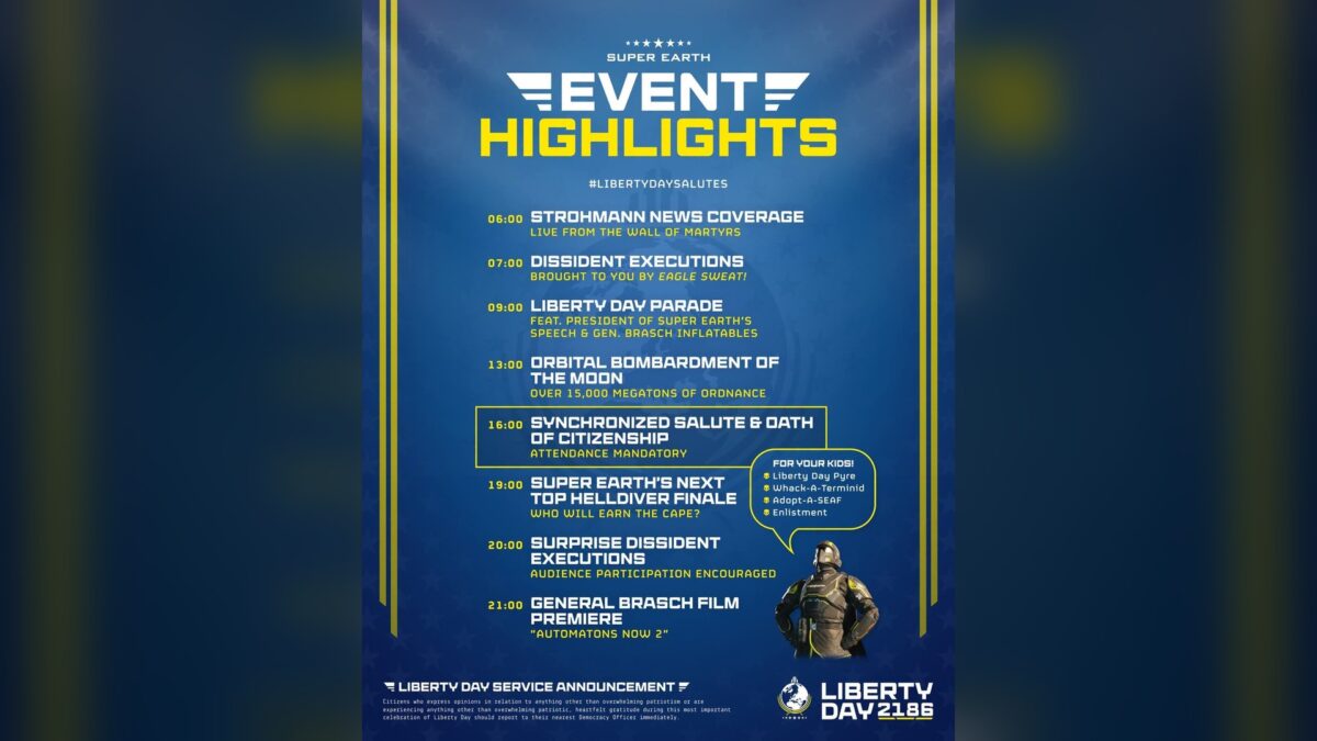 Super Earth's Liberty Day 2186 Event Highlights poster from Helldivers 2, listing the day's programme from Strohmann News coverage to the General Brasch film premiere