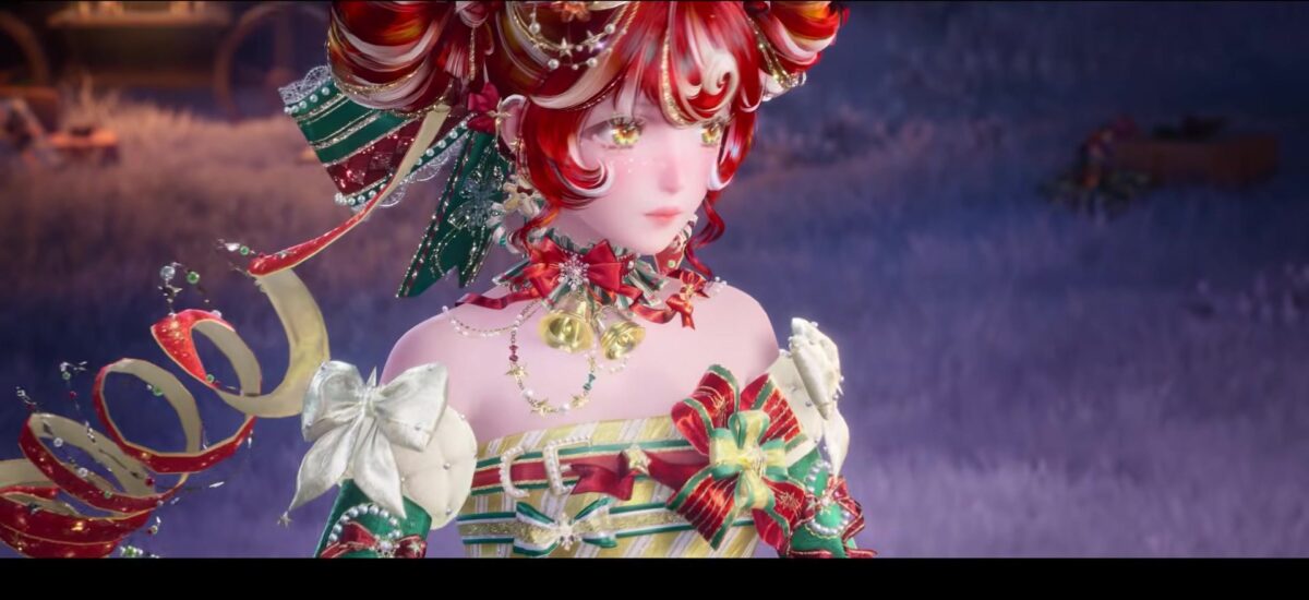 The Sacred Tree Fairy from the Infinity Nikki Version 2.11 Tales Woven in Time trailer, red and white hair with bells and ribbons against a snowy field