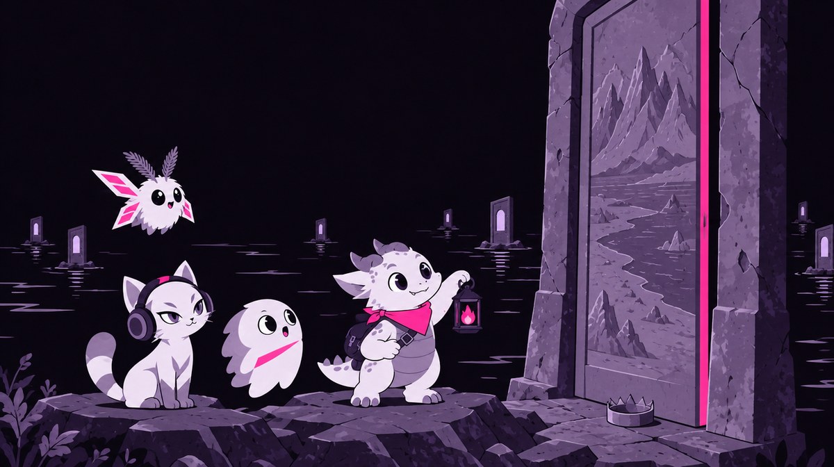 Cairn raises his lantern as the Lanternwatch looks up at a tall stone door carved with mountains and a coastline, a plain crown resting at its foot