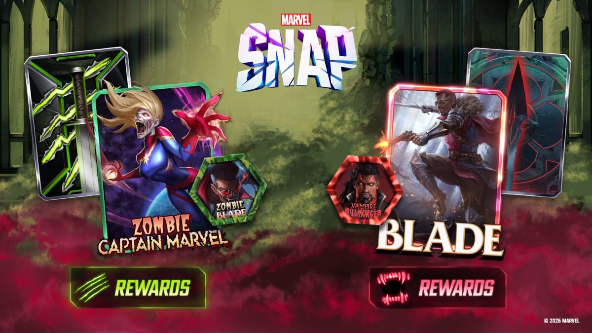 Marvel Snap's Vampires vs Zombies reward art showing Zombie Captain Marvel, Blade, avatars and card backs