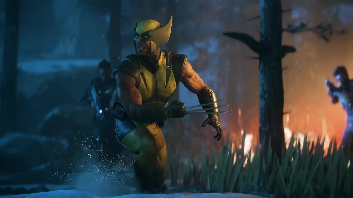 Wolverine in his yellow and blue masked suit, close up, from the Marvel's Wolverine launch trailer